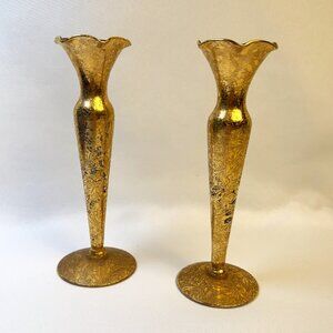 Lotus Glastonbury Vintage 22 kt Gold Etched Pair Glass Bud Vases 6.25” Tall